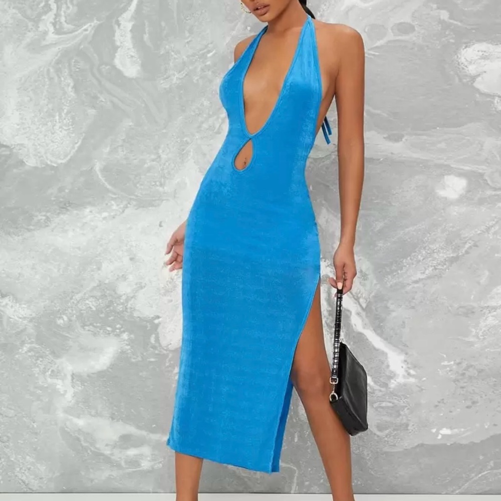 SHEIN BAE Halter Cutout Slit Midi Dress